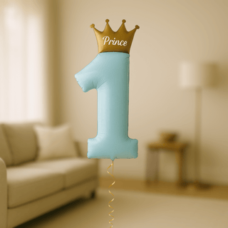 Prince 1st Birthday Helium Balloon Bundle with crown-topped number "1" in baby blue and gold