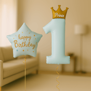 Prince 1st Birthday Helium Balloon Bundle with blue and gold crown-topped number 1 and star-shaped balloons.