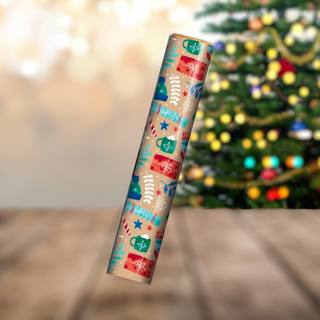 Alt Tag: Cosy Christmas Gift Wrap Roll with festive design of mugs, candy canes, and mittens, perfect for a warm holiday presentation.
