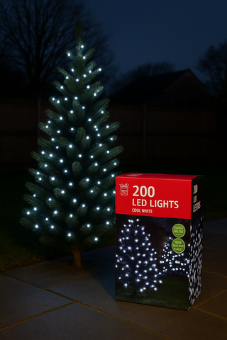 200 Cool White LED Christmas Lights illuminating tree outdoors
