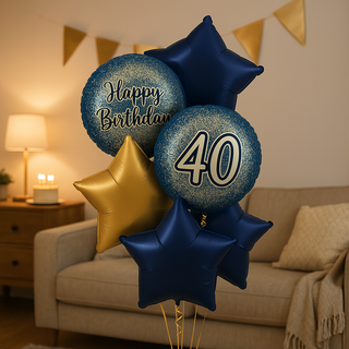 Navy & Gold Star Foil Balloon Bouquet – Luxury Helium Birthday Display