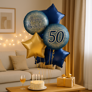 Navy & Gold Star Foil Balloon Bouquet – Luxury Helium Birthday Display