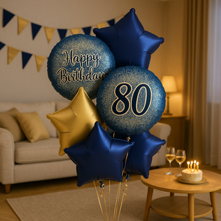 Navy & Gold Star Foil Balloon Bouquet – Luxury Helium Birthday Display