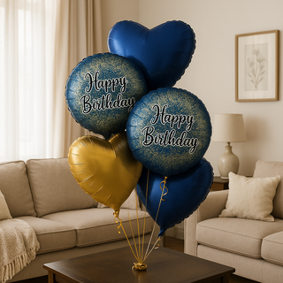 Navy & Gold Heart Balloon Bouquet – Luxury Helium Birthday Display