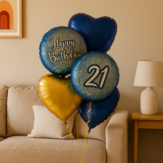 Navy & Gold Heart Balloon Bouquet – Luxury Helium Birthday Display