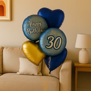 Navy & Gold Heart Balloon Bouquet – Luxury Helium Birthday Display