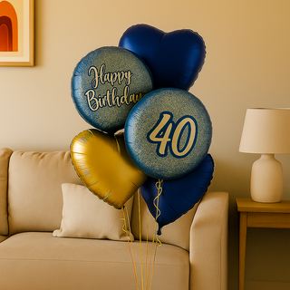 Navy & Gold Heart Balloon Bouquet – Luxury Helium Birthday Display