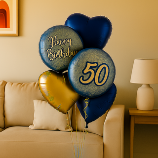 Navy & Gold Heart Balloon Bouquet – Luxury Helium Birthday Display