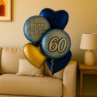 Navy & Gold Heart Balloon Bouquet – Luxury Helium Birthday Display