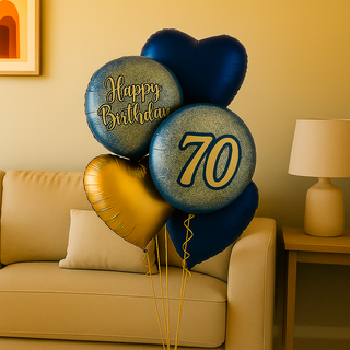 Navy & Gold Heart Balloon Bouquet – Luxury Helium Birthday Display