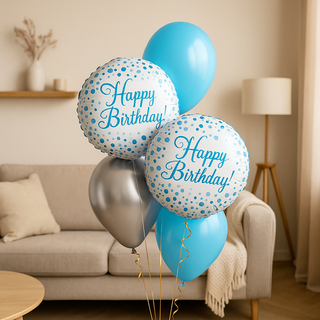Light Blue & Silver Birthday Balloon Bouquet – Luxury Helium-Filled Display