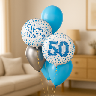 Light Blue & Silver Birthday Balloon Bouquet – Luxury Helium-Filled Display