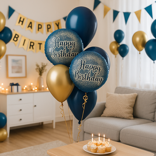 Navy & Gold Happy Birthday Balloon Bouquet in a festive room with banners, fitting for elegant birthday celebrations in Cheltenham.