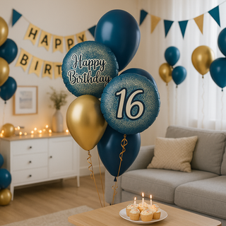 Navy & Gold Happy Birthday Balloon Bouquet for a stylish celebration setup with cupcakes and decorations.