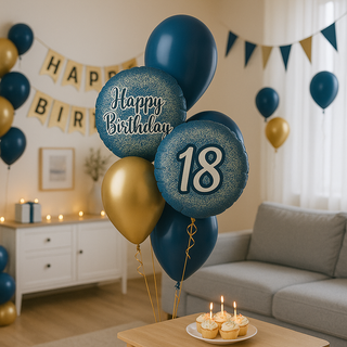Navy & Gold Happy Birthday Balloon Bouquet displayed in a living room with candles and cupcakes on a table.