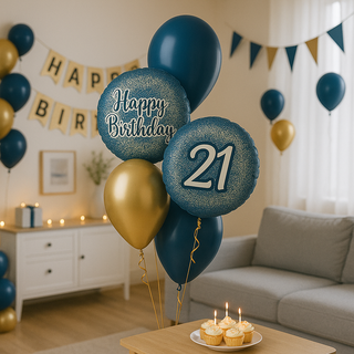 Elegant Navy & Gold Happy Birthday Balloon Bouquet centerpiece with cup cakes in celebration setup in modern living room.