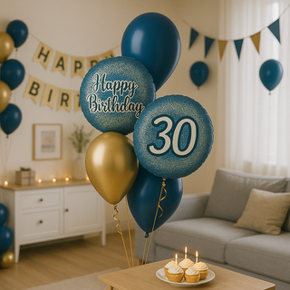 Navy & Gold Happy Birthday Balloon Bouquet with 30th birthday theme in a stylish home setting.
