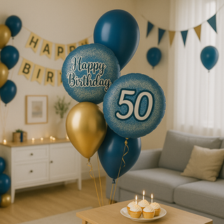 Navy & Gold Happy Birthday Balloon Bouquet for 50th birthday in elegant living room setting.