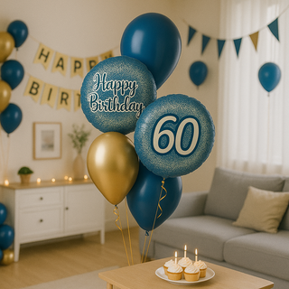 Navy & Gold Happy Birthday Balloon Bouquet with blue and gold balloons, number 60, and cupcakes in a festive setting.