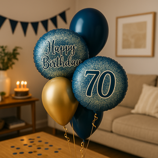 Navy & Gold Happy Birthday Balloon Bouquet for elegant 70th birthday celebration in living room setting.