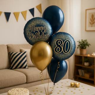 Navy & Gold Happy Birthday Balloon Bouquet in living room setting, featuring balloons with 'Happy Birthday' and '80' text.