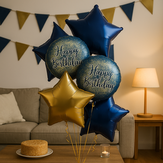 Navy & Gold Star Foil Balloon Bouquet – Luxury Helium Birthday Display