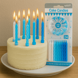 Blue Mix Spiral Cake Candles 24 pack with holders
