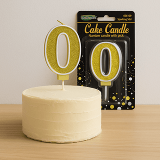 gold number cake candle in 0 shape on a white cake with packaging displayed in background, party decoration