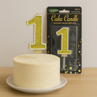 Gold number cake candle on a birthday cake with a glittering number 1 design, perfect for adding luxury and sparkle to celebrations.