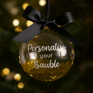 Personalised Christmas Bauble with glitter and black ribbon
