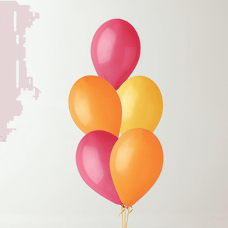 Fuchsia, orange, and yellow latex balloon bouquet for parties, featuring vibrant Fuchsia tones.