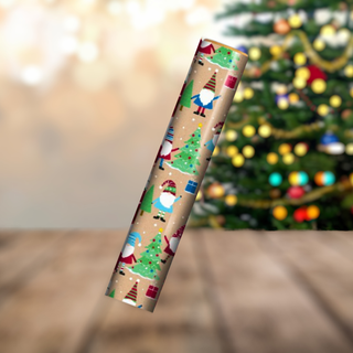 Gonk Christmas gift wrap roll with gnome designs, 4 metres long, featuring Nordic style gonk characters, trees, and gifts.