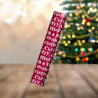 Merry Christmas gift wrap roll with holiday lettering and snowflakes on red background, perfect for festive wrapping.