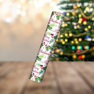 Merry Christmas Holly Gift Wrap Roll with holly and berries design, 4-metre long, ideal for festive gift wrapping.