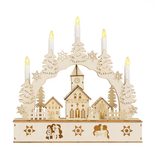 Christmas Village Candle Bridge with snow-topped houses and glowing LED lights, perfect for festive home decoration.