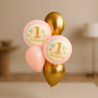 Girls 1st Birthday Helium Balloon Bouquet in pink and gold, perfect for a joyful first birthday celebration.
