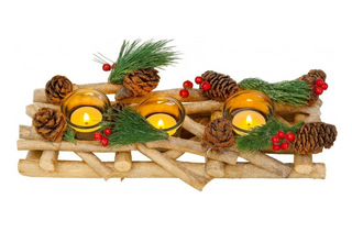Christmas Wooden Pinecone Tea Light Candle Holder Decoration featuring pinecones, berries, and glass holders on a wooden base.