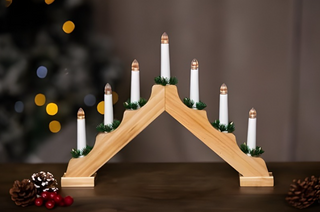 Natural Wooden LED Christmas Candle Bridge with rustic charm and festive glow, perfect for traditional holiday décor.