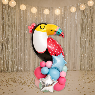 tropical toucan balloon stack hot pink and teal display