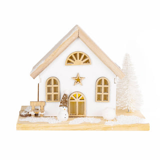 Wooden LED Christmas house village scene with snowy details and glowing lights for festive decoration.