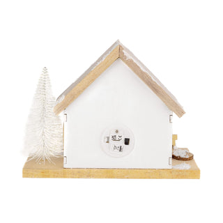 Back view of LED Christmas house village scene with wooden base and snowy rooftop, featuring an elegant holiday display.