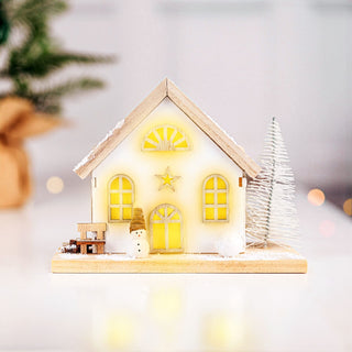 LED Christmas house village scene with glowing lights, wooden design, snowman, and festive tree, perfect holiday home decor