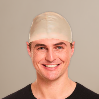 Man wearing realistic Bald Cap for costume and theater use.