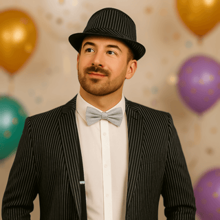 Man in party outfit wearing Black Party Braces, bow tie, and hat with colorful balloons in background.