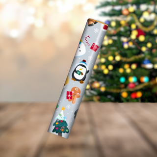festive Christmas gift wrap roll with seasonal design of penguins, gingerbread, and candy canes on 4-metre roll for holiday presents