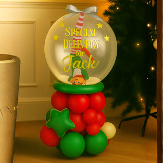 Classic Red & Green Elf Bubble Stack Balloon with personalized message for festive decor.