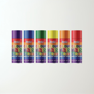 Colourful cans of COLOUR HAIR SPRAY for temporary fancy dress hair coloring, featuring vibrant reds, blues, greens, yellows, and oranges.