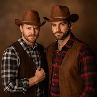 Two men wearing Brown Cowboy Hat in matching Western attire.