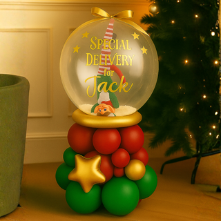 Emerald Green Red & Gold Elf Bubble Stack Balloon with special delivery message, featuring a playful elf and festive colors.