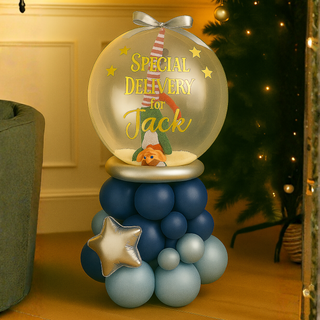 Navy & Silver Elf Bubble Stack Balloon with playful elf character and personalized festive message, perfect for Christmas decoration.